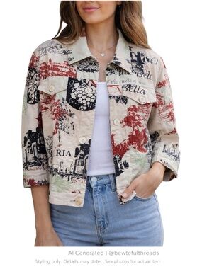 Cactus M Italian print pattern trucker jacket with tan pockets 3/4 sleeves